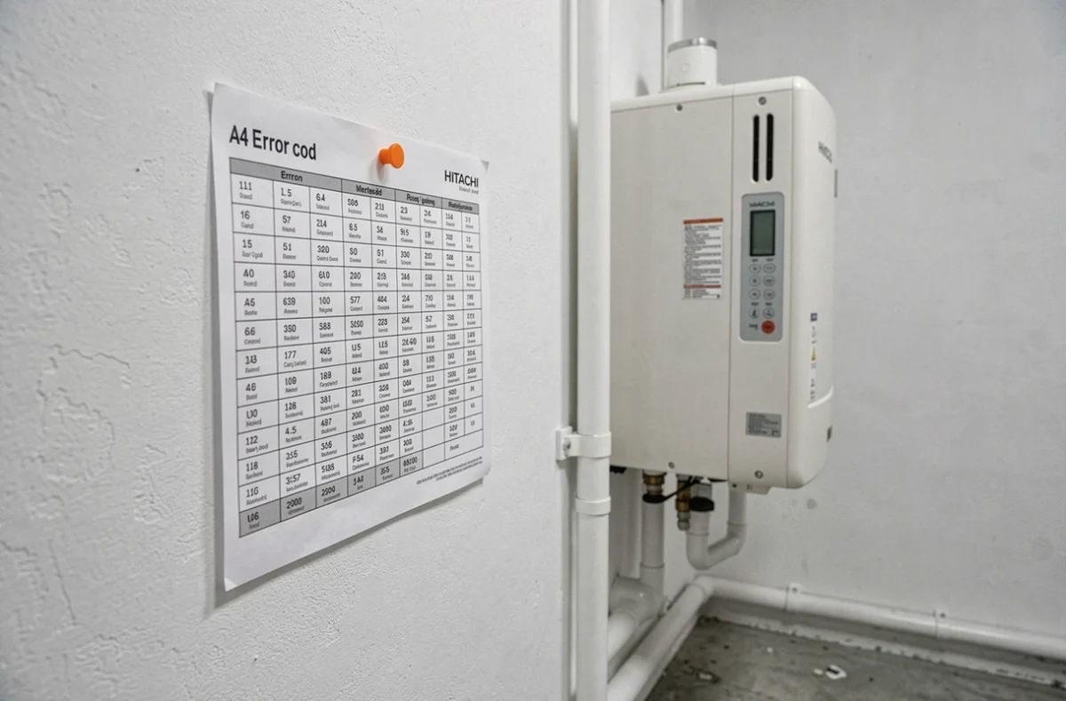 Liste de codes erreur Hitachi PAC plastifiée affichée sur le mur près de l'unité intérieure dans une pièce technique