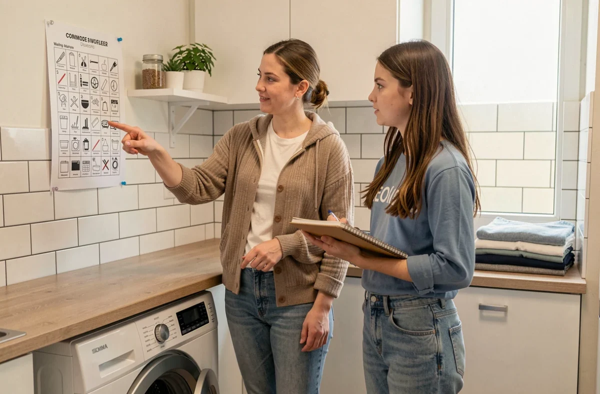 Mère expliquant les symboles de lavage à sa fille adolescente devant un guide affiché au mur
