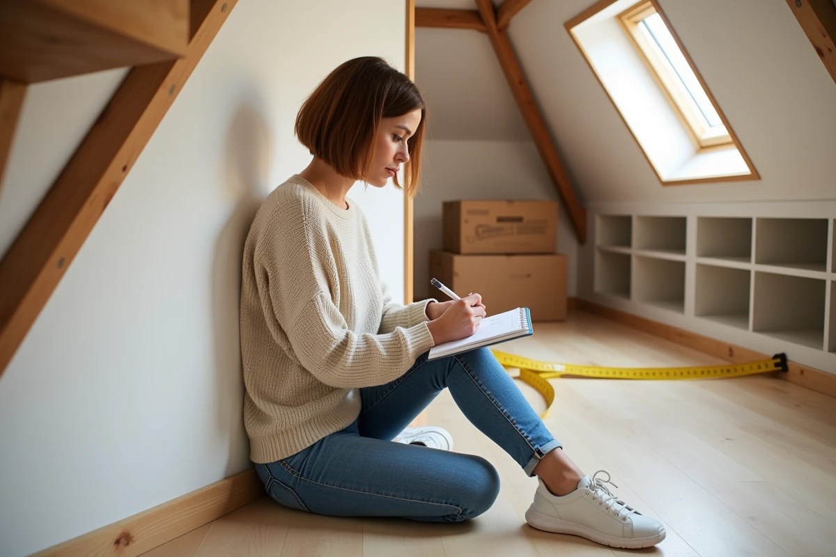 Femme mesurant un coin d'attic lumineux avec rangement intégré