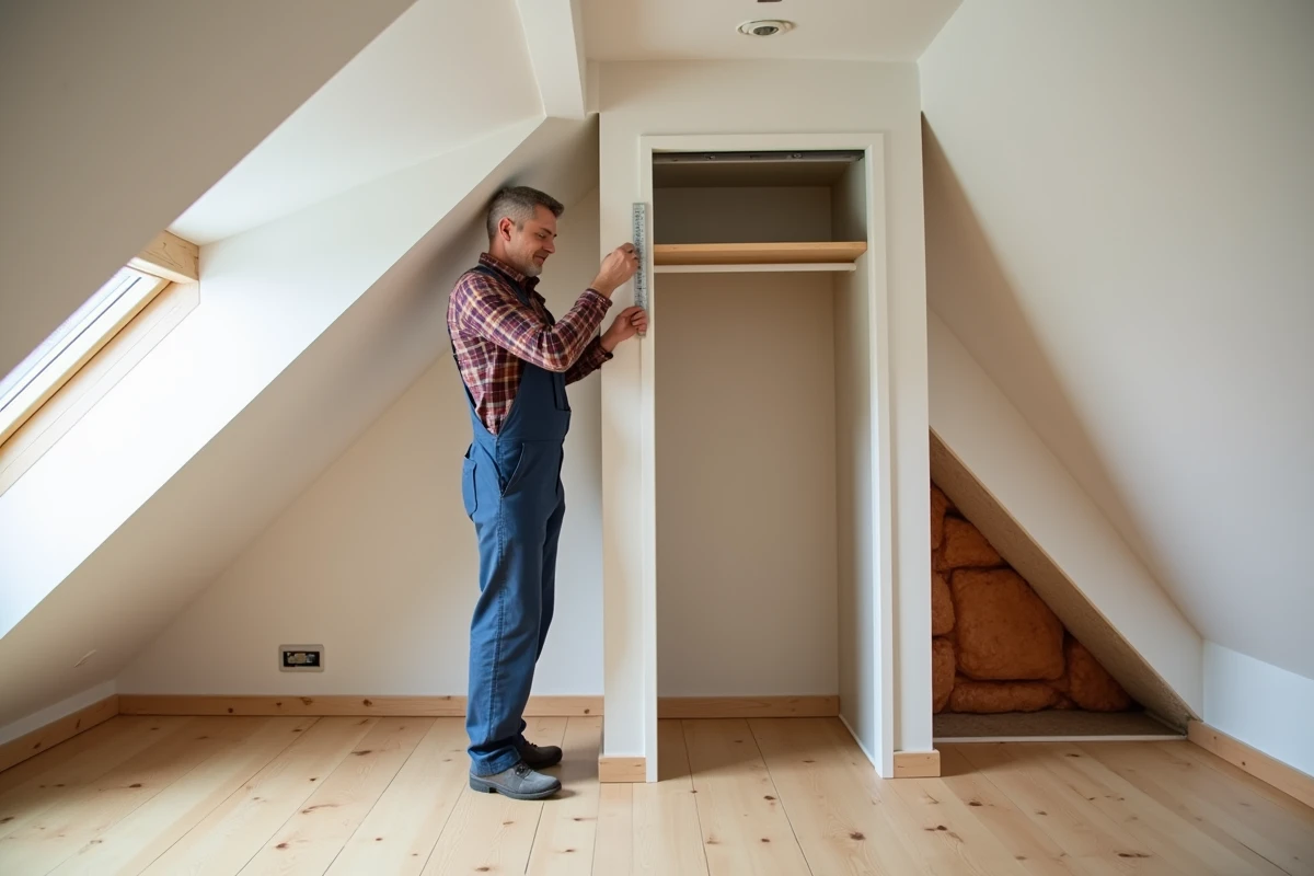 Homme mesure un plafond incliné dans un grenier rénové