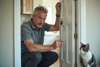 Artisan mesurant une porte PVC blanche avant l'installation d'une chatière, avec un chat tigré assis à proximité