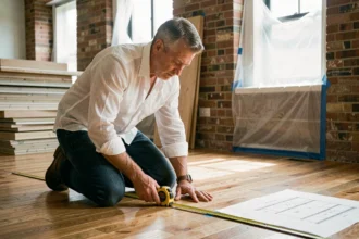 Architecte mesurant la surface au sol d'une pièce en rénovation avec un mètre ruban pour une déclaration de travaux