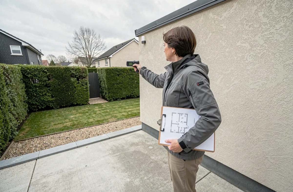 Femme mesurant une extension de terrasse avec un télémètre laser pour calculer la surface déclarée