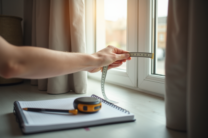 Personne mesurant une fenêtre avec mètre ruban dans un salon moderne