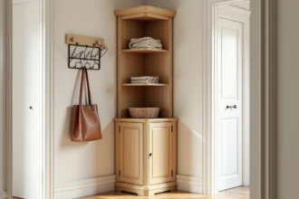 Meuble d'angle en chêne clair dans une entrée étroite avec rangements ouverts et portes basses