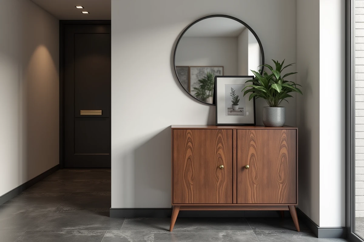 Meuble d'angle en noyer foncé avec poignées dorées dans une entrée moderne minimaliste