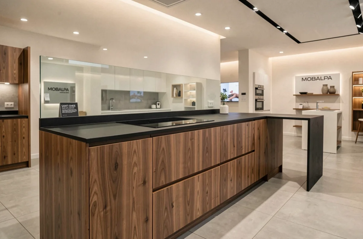 Cuisine en noyer avec plan de travail en quartz noir et crédence en verre dans le showroom Mobalpa de Saint-Omer