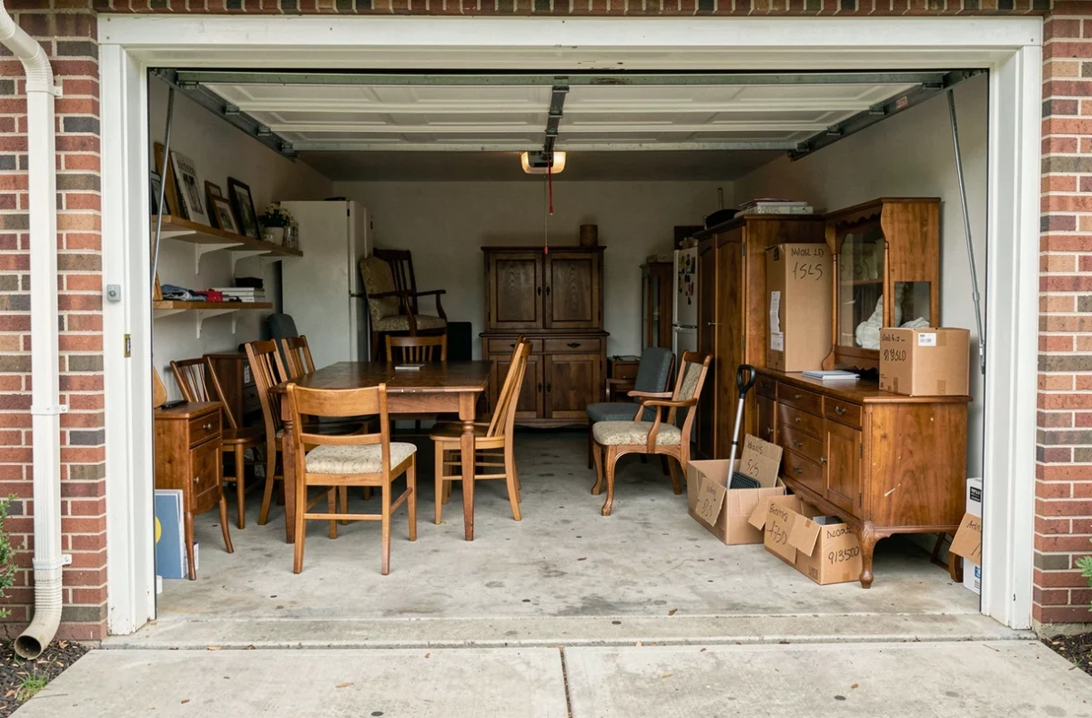 Meubles anciens rangés dans un garage en attente de reprise ou de revente