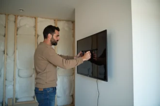 Homme en train de fixer un support TV sur un mur en placo