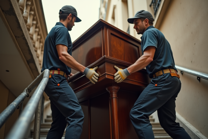 Deux monteurs professionnels transportent un piano dans un immeuble parisien