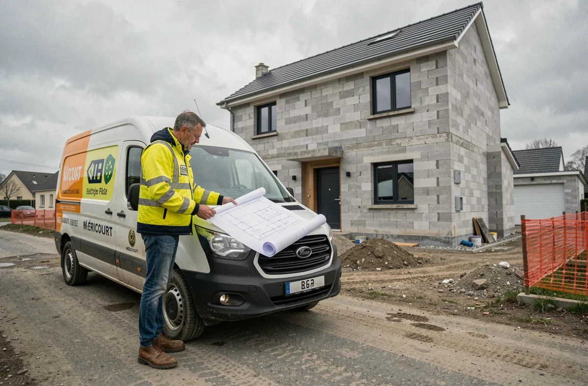 Ouvrier examinant des plans de construction devant un chantier à Méricourt pour NLH Construction