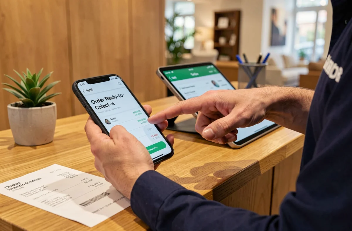 Mains d'un client tenant un smartphone avec notification de commande prête et un reçu au comptoir d'un magasin Alinea