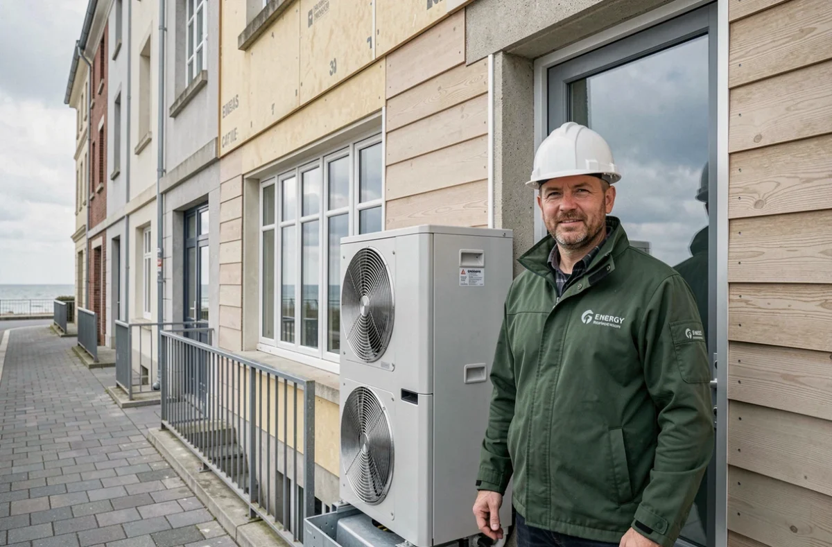 Spécialiste en rénovation énergétique devant une maison rénovée avec pompe à chaleur à Calais pour Oriven