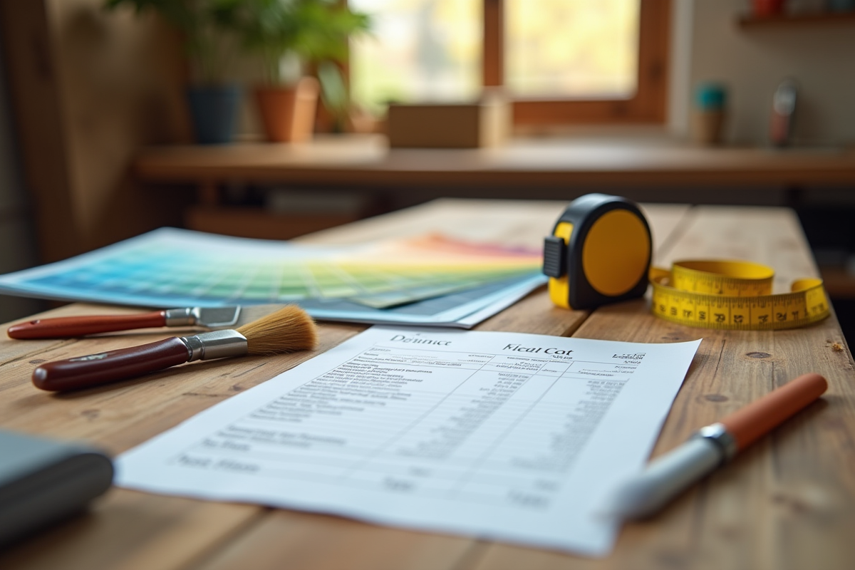 Outils de rénovation et devis sur un plan de travail en bois rustique