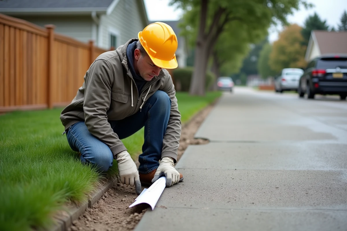 Ouvrier inspectant un béton exposé avec plans à côté