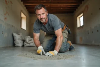 Ouvrier de construction mesurant le béton avec une truelle