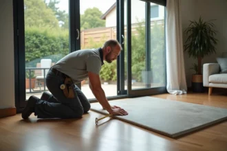 Ouvrier vérifiant un seuil en béton dans un salon moderne