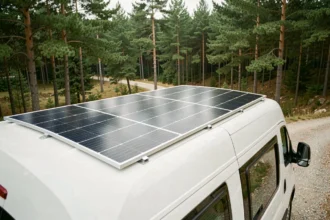 Panneau solaire souple 300W installé sur le toit d'un camping-car blanc garé en forêt