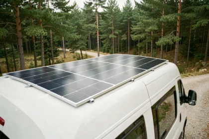 Panneau solaire souple 300W installé sur le toit d'un camping-car blanc garé en forêt