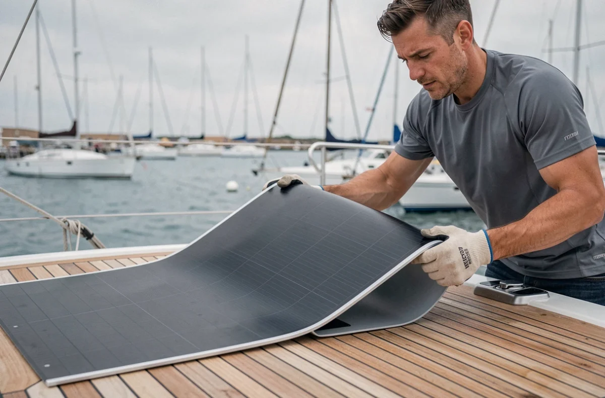 Homme installant un panneau solaire souple 300W sur le pont d'un voilier dans un port de plaisance