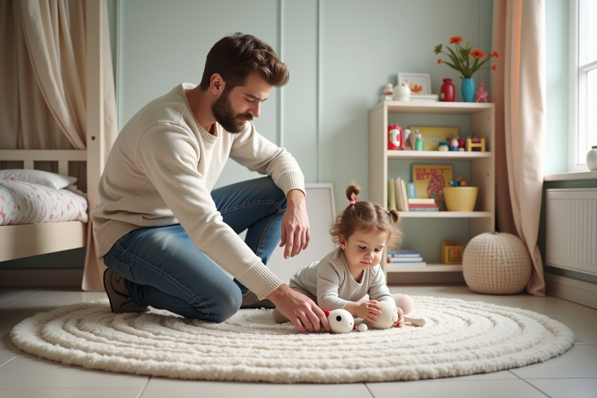 Père et fille jouent sur un tapis dans la chambre