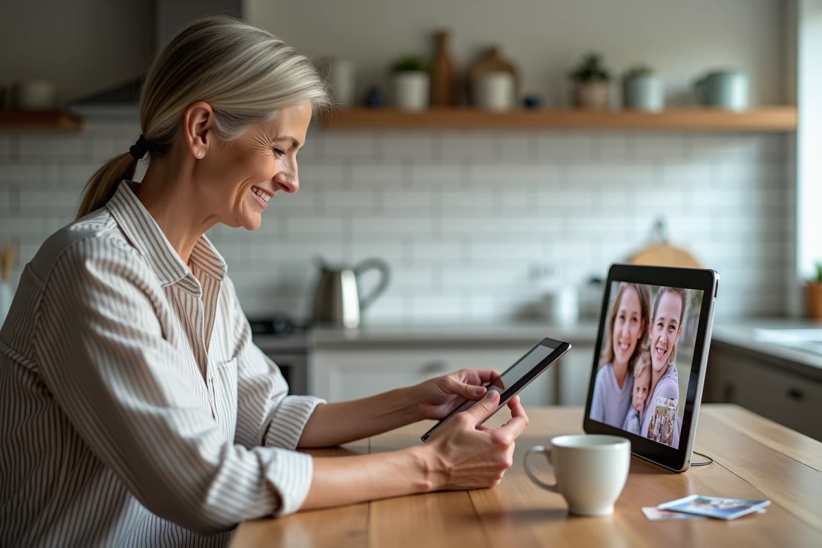 Femme partageant des photos de famille sur un cadre numérique connecté depuis une tablette dans une cuisine moderne