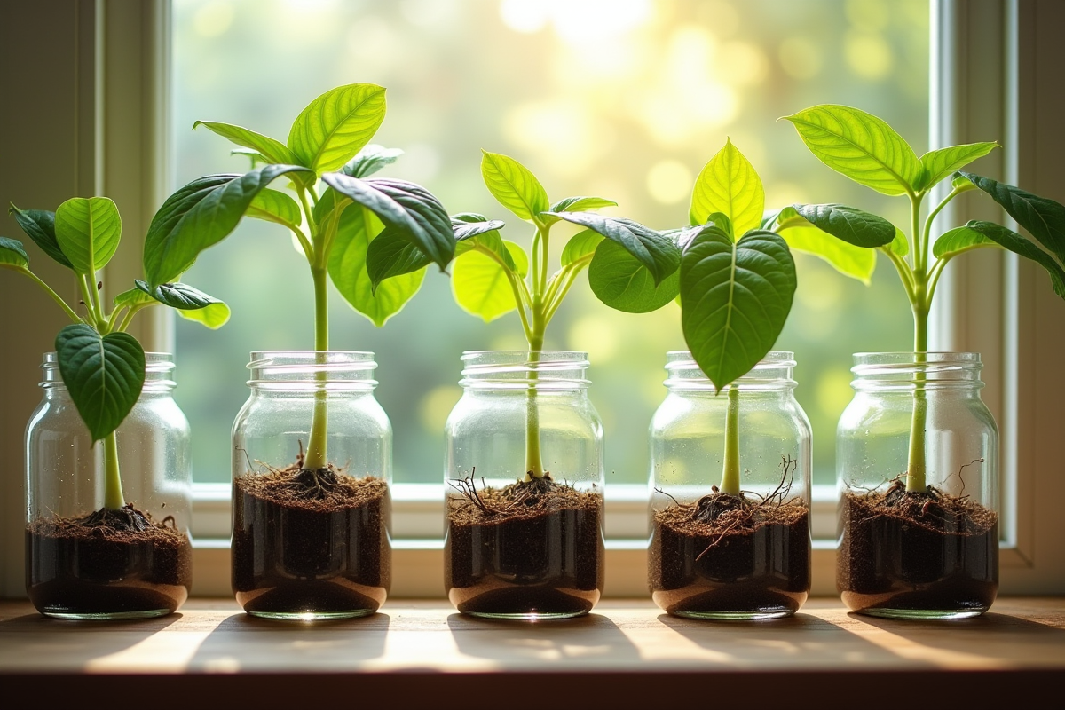 Jeunes plants de passiflore avec racines dans des verres d