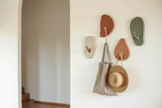 Patères murales originales en céramique artisanale montées sur un mur en enduit à la chaux dans une entrée moderne