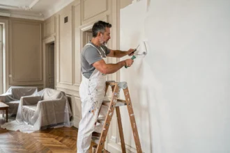 Peintre professionnel appliquant de la peinture blanche sur un mur intérieur avec un rouleau, dans un appartement parisien rénové