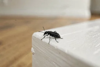 Gros plan d'une petite bestiole noire sur une plinthe blanche dans un appartement, insecte domestique visible à l'œil nu
