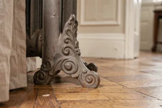 Pied en fonte ornemental pour radiateur ancien posé sur parquet en chêne dans un appartement haussmannien
