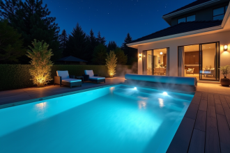 Piscine moderne la nuit avec couverture partiellement roulée et éclairage