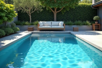 Piscine extérieure moderne avec système contre-courant et jardin