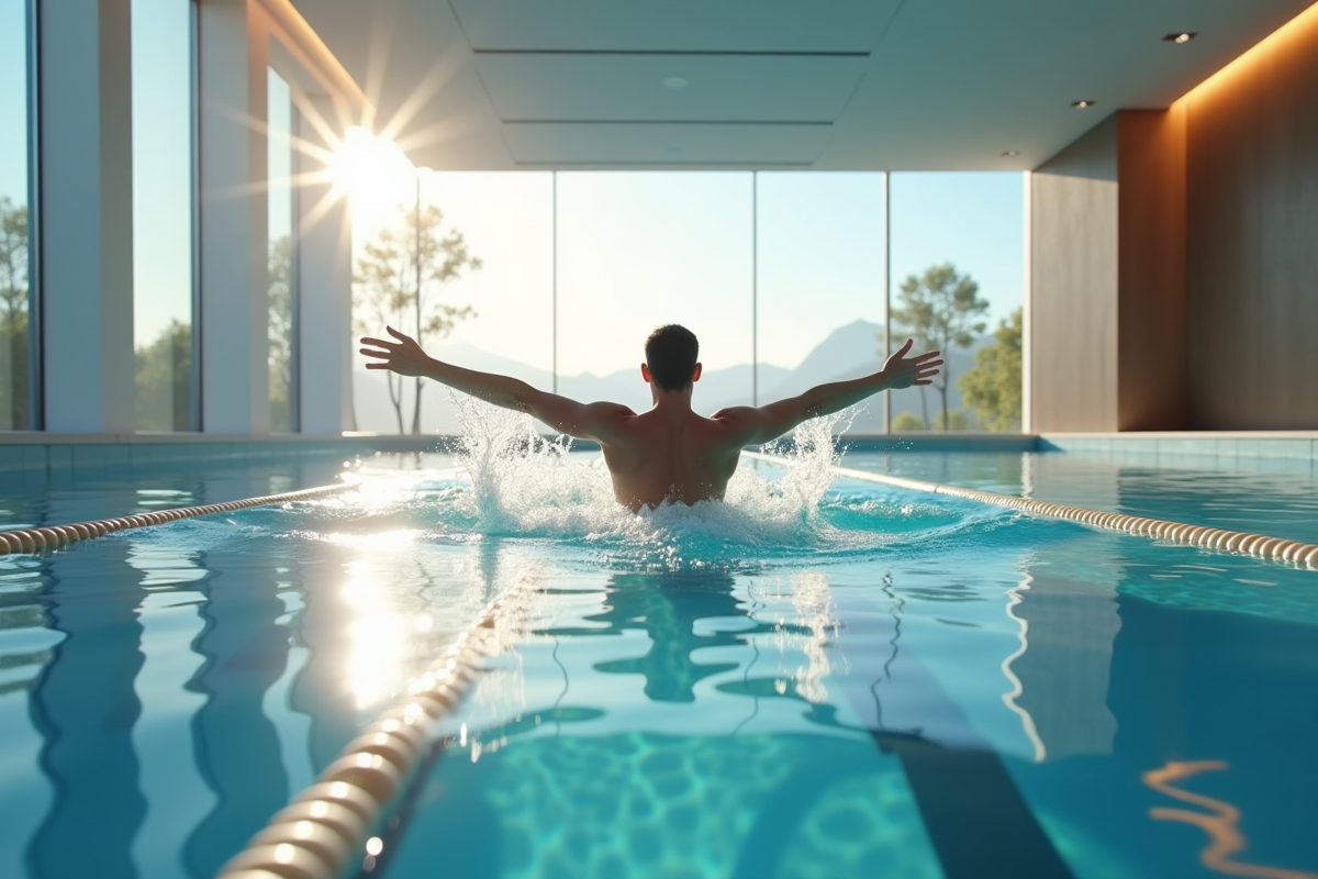 Piscine intérieure pour nage contre courant avec lumière naturelle
