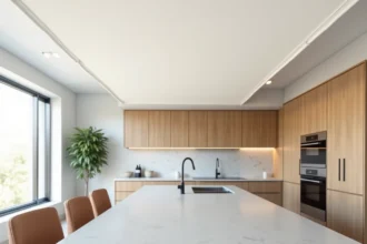 Plafond en toile tendue blanc mat installé dans une cuisine moderne avec îlot central et meubles en chêne clair