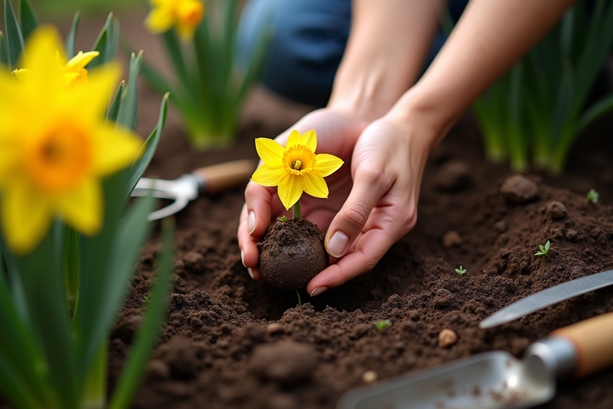 Mains plantant une bulbe de narcisse dans la terre