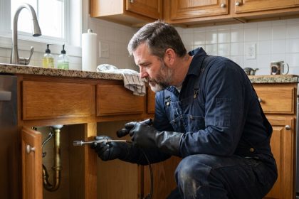 Plombier homme inspectant un tuyau sous l'évier de cuisine