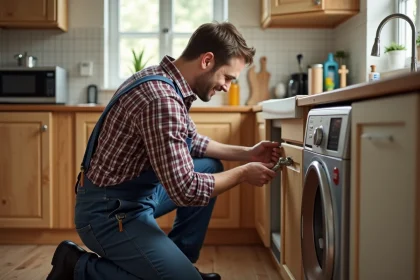 Jeune plombier en action sous un évier moderne dans une cuisine lumineuse