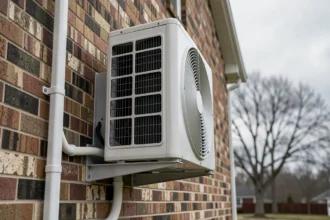 Pompe à chaleur air-eau installée sur la façade extérieure d'une maison individuelle avec tuyaux frigorifiques apparents