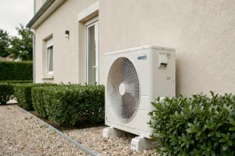 Pompe à chaleur extérieure installée contre la façade d'une maison pavillonnaire moderne
