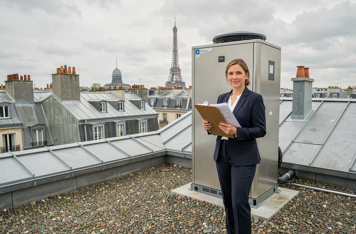 Consultante en énergie sur un toit parisien avec une pompe à chaleur installée et vue sur les toits de Paris