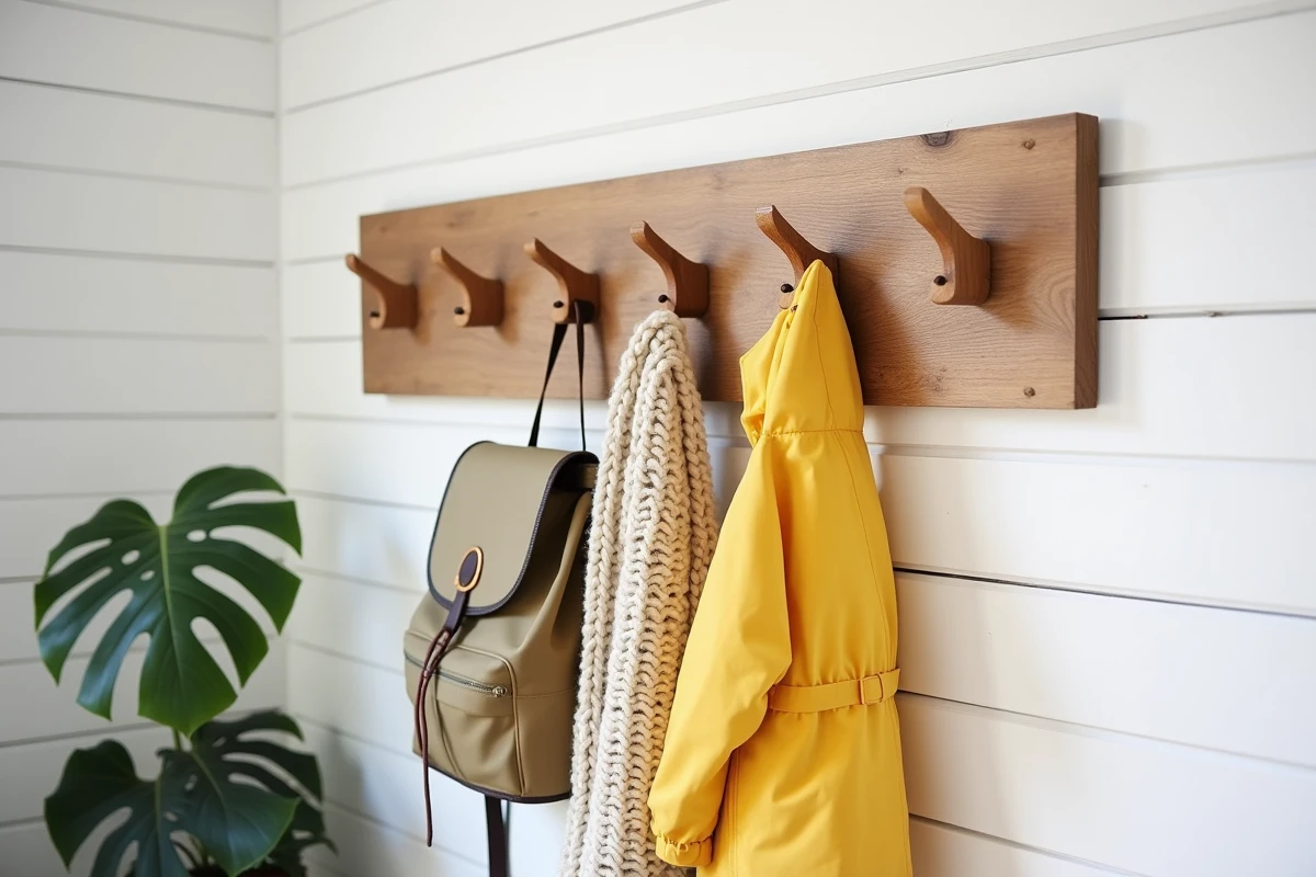 Porte-manteau mural original en chêne massif dans un intérieur scandinave avec accessoires du quotidien suspendus