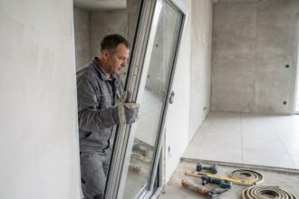 Pose d'une fenêtre en aluminium par un ouvrier professionnel dans une maison contemporaine en construction