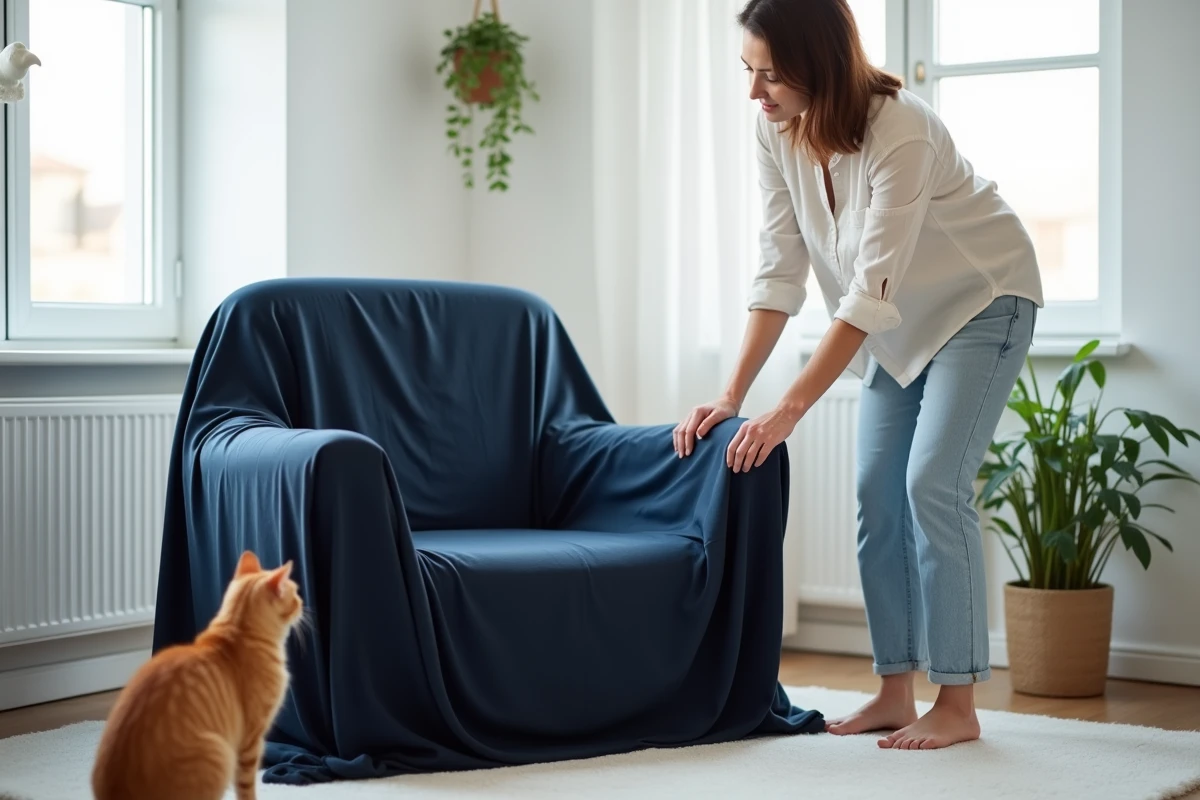Femme installant une housse extensible marine sur un fauteuil dans un salon scandinave avec un chat roux au sol