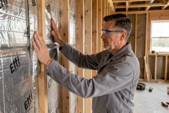 Poseur de doublage isolant Effi 65 en cours d'installation dans une extension de maison en construction
