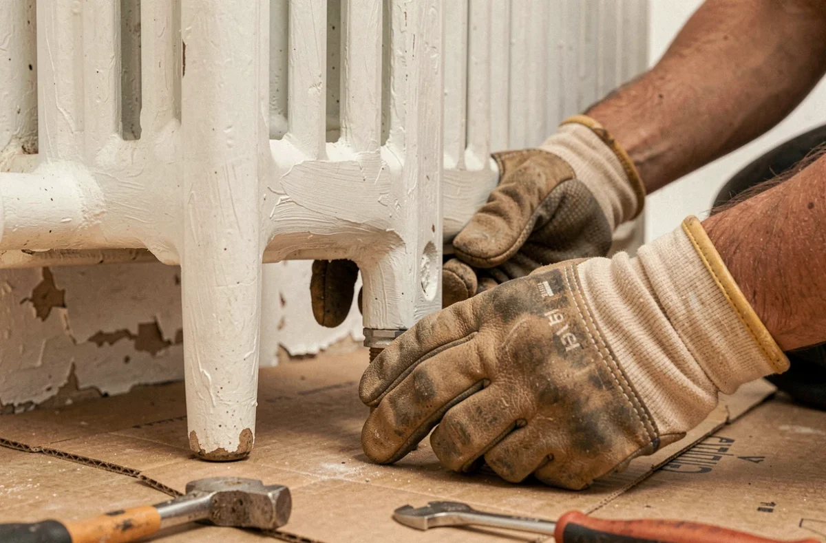 Pose d'un pied en fonte sous un radiateur à colonne lors de travaux de rénovation intérieure