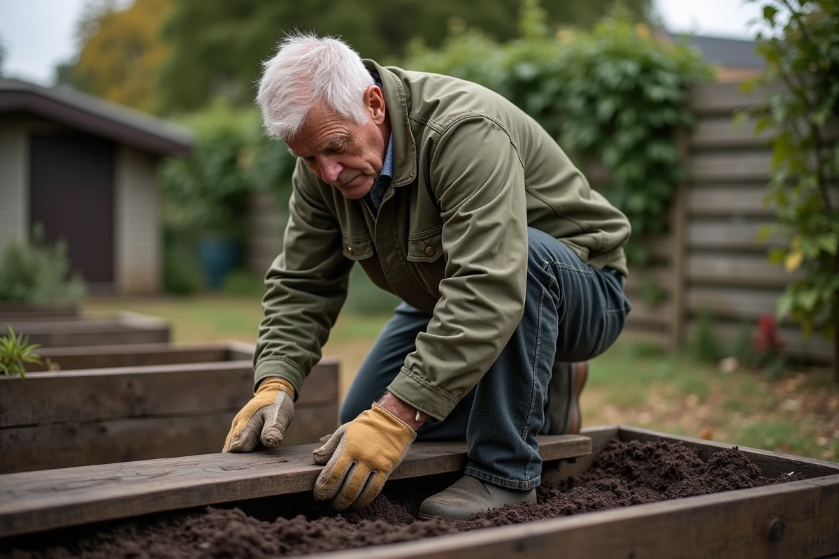 Homme en train de poser une traverse de chemin de fer en bois pour construire un carré potager surélevé dans un jardin