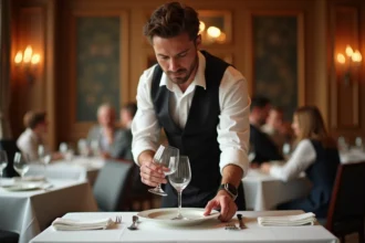 Sommelier plaçant un verre à vin selon la tradition française, à droite de l'assiette sur une table gastronomique élégante