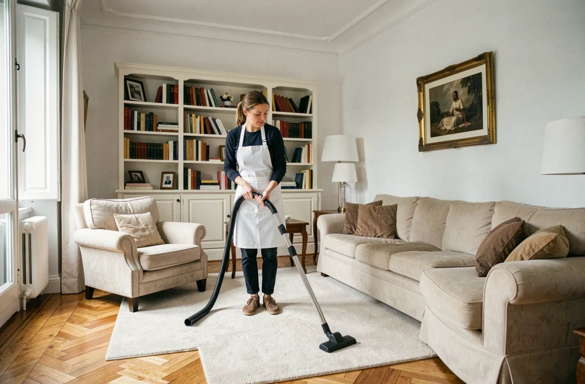 Prestataire de ménage passant l'aspirateur dans un salon d'appartement bien aménagé en région parisienne
