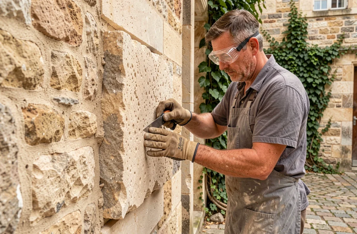 Artisan tailleur de pierre travaillant sur une façade en pierre naturelle dans le Pas-de-Calais pour Prestige Pierre